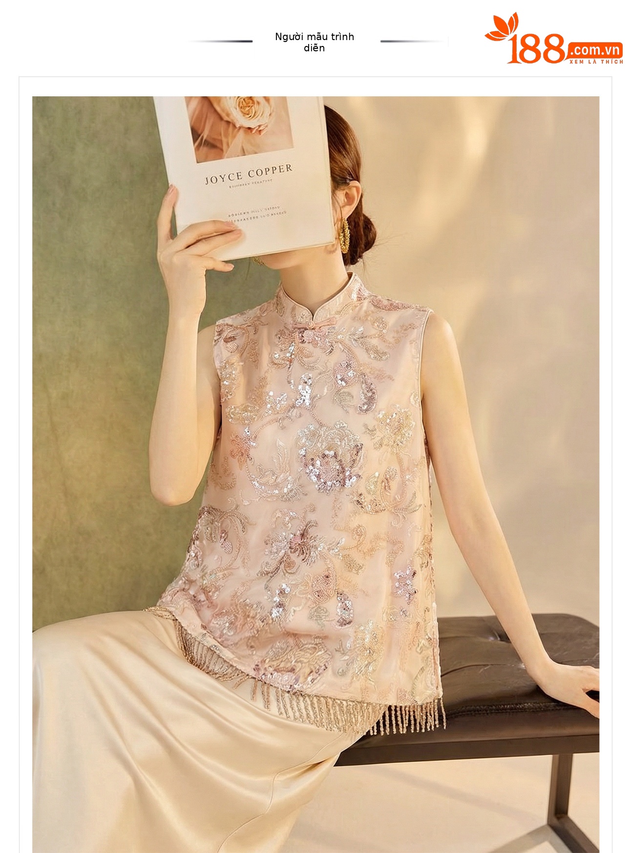 Áo gile nữ thêu sequin tua rua phong cách tân cổ điển xuân hè — xanh lam, màu mơ chi tiết 1
