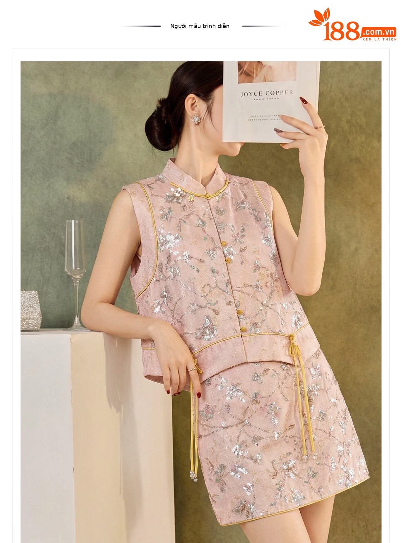 Áo hai dây thêu sequin phối tua rua cổ đứng – set chân váy midi phong cách tân Trung Hoa — nửa váy, Trang chủ chi tiết 1