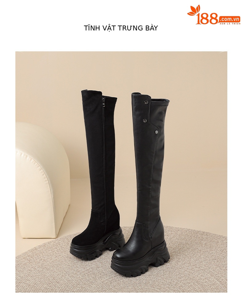 Boot nữ cổ cao ôm bắp chân da lộn đế tăng chiều cao 14 cm — 1638 Da lộn đen lót nhung chi tiết 4