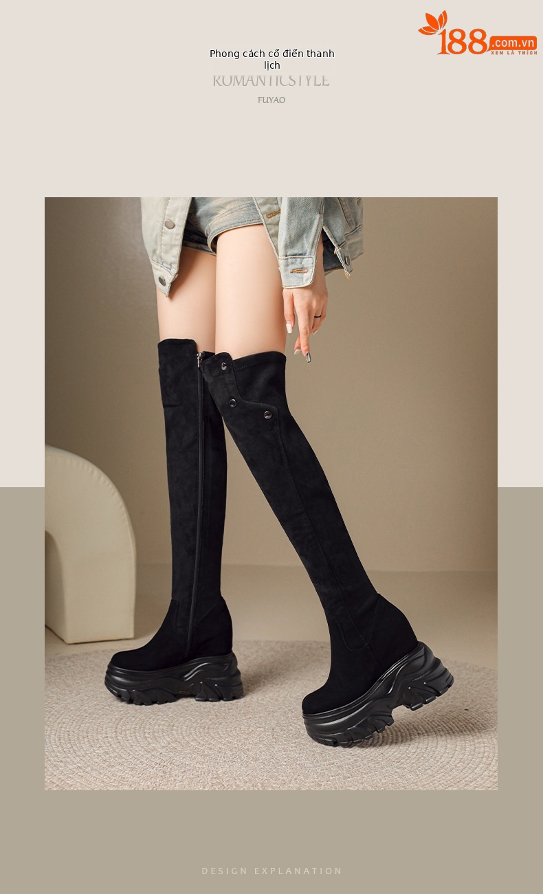 Boot nữ cổ cao ôm bắp chân da lộn đế tăng chiều cao 14 cm — 1638 Da lộn đen lót nhung chi tiết 7