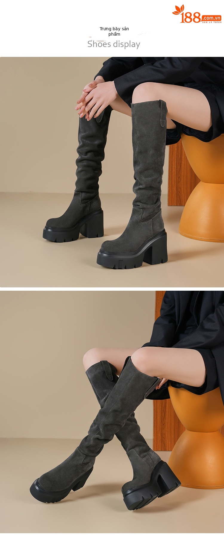 Boot nữ cổ cao ôm bắp chân chất liệu da lộn, gót 12 cm, phong cách kỵ sĩ — Lót nhung đen chi tiết 1