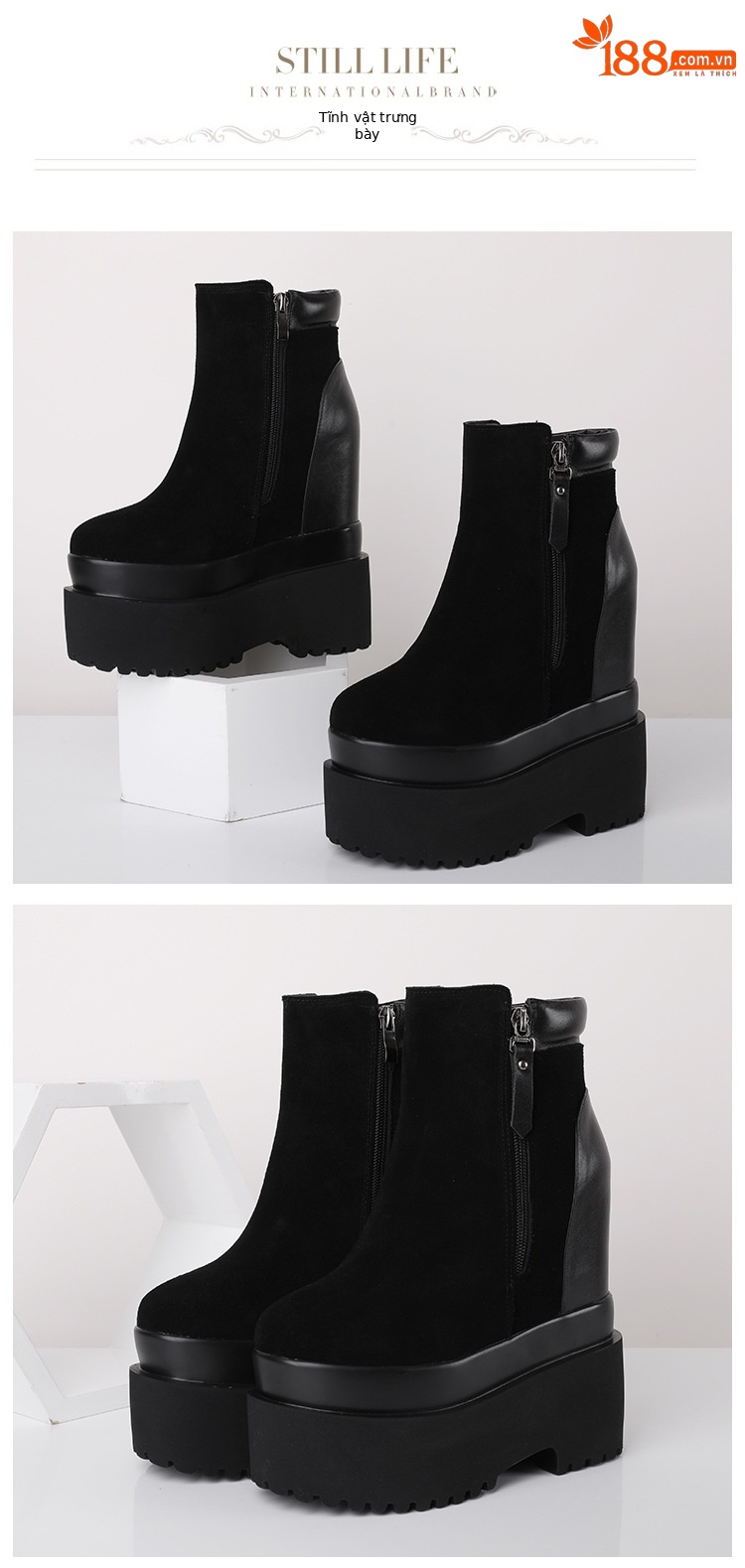Boot nữ cổ thấp da lộn gót siêu cao 16 cm đế dày tăng chiều cao — Lót lông đen chi tiết 5