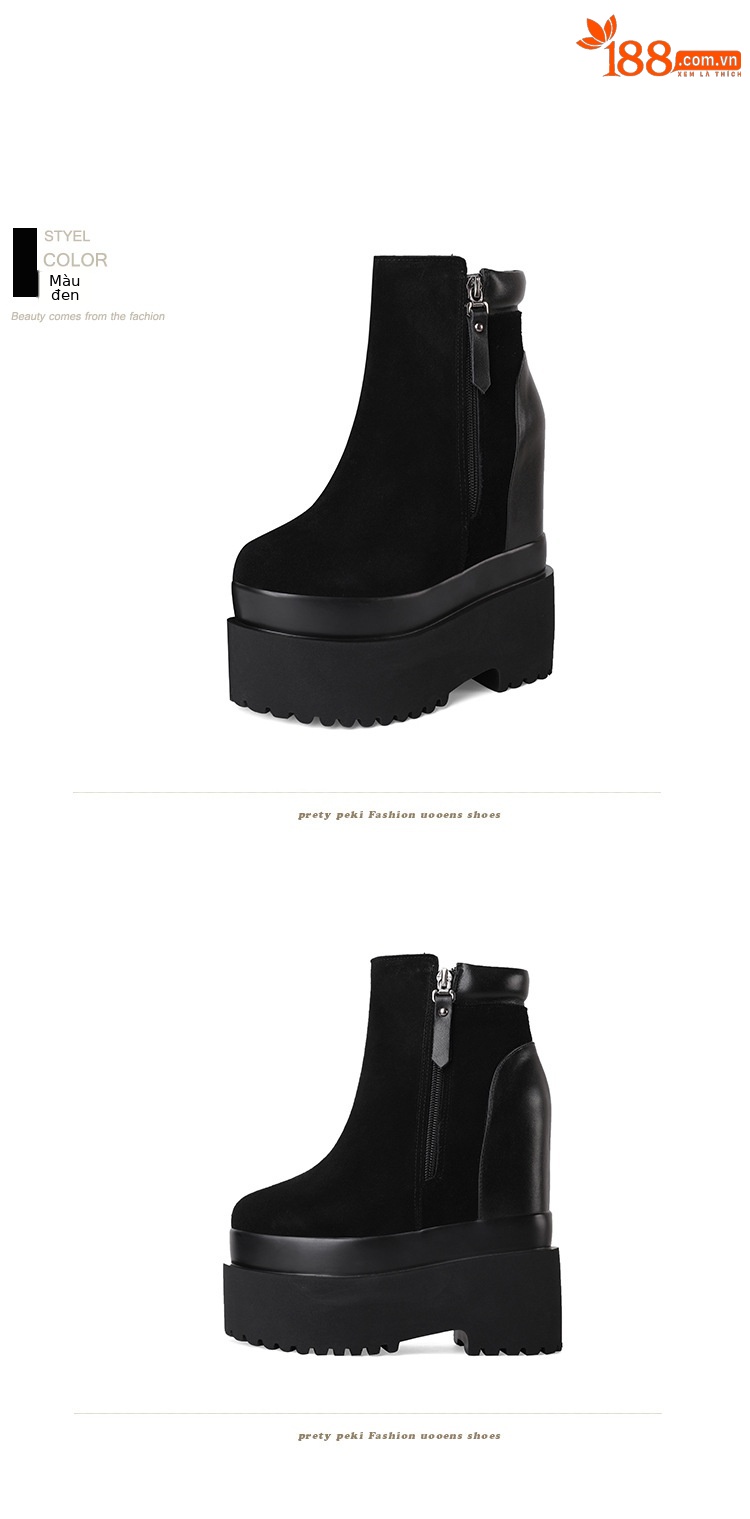 Boot nữ cổ thấp da lộn gót siêu cao 16 cm đế dày tăng chiều cao — Lót lông đen chi tiết 6
