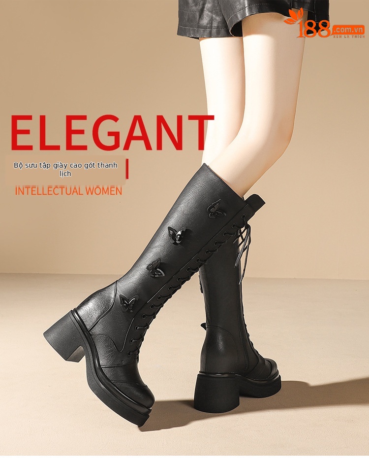 Boot nữ cổ cao dây buộc phong cách cổ điển, gót 10 cm — Nhung kaki đậm chi tiết 1