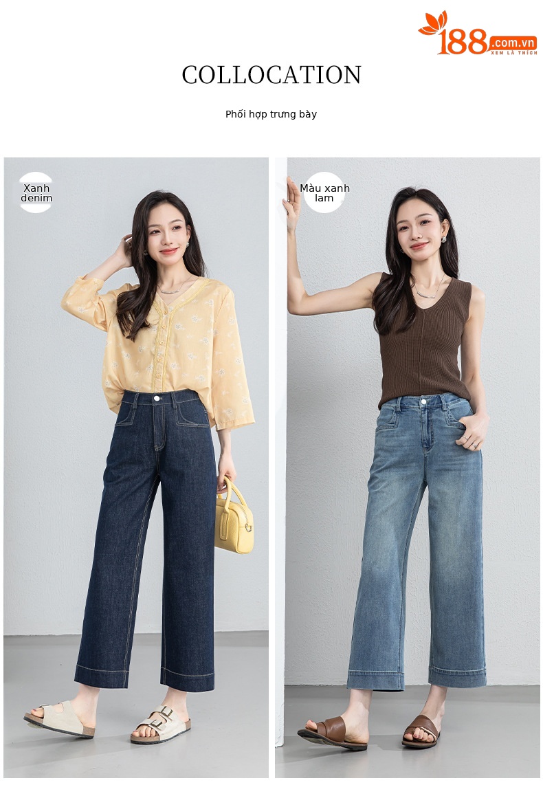Quần jean nữ ống rộng cạp cao dáng suông mùa hè — Xanh da trờicolor chi tiết 7