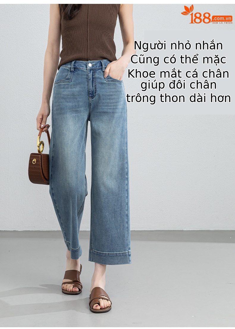 Quần jean nữ ống rộng cạp cao dáng suông mùa hè — Xanh da trờicolor chi tiết 9