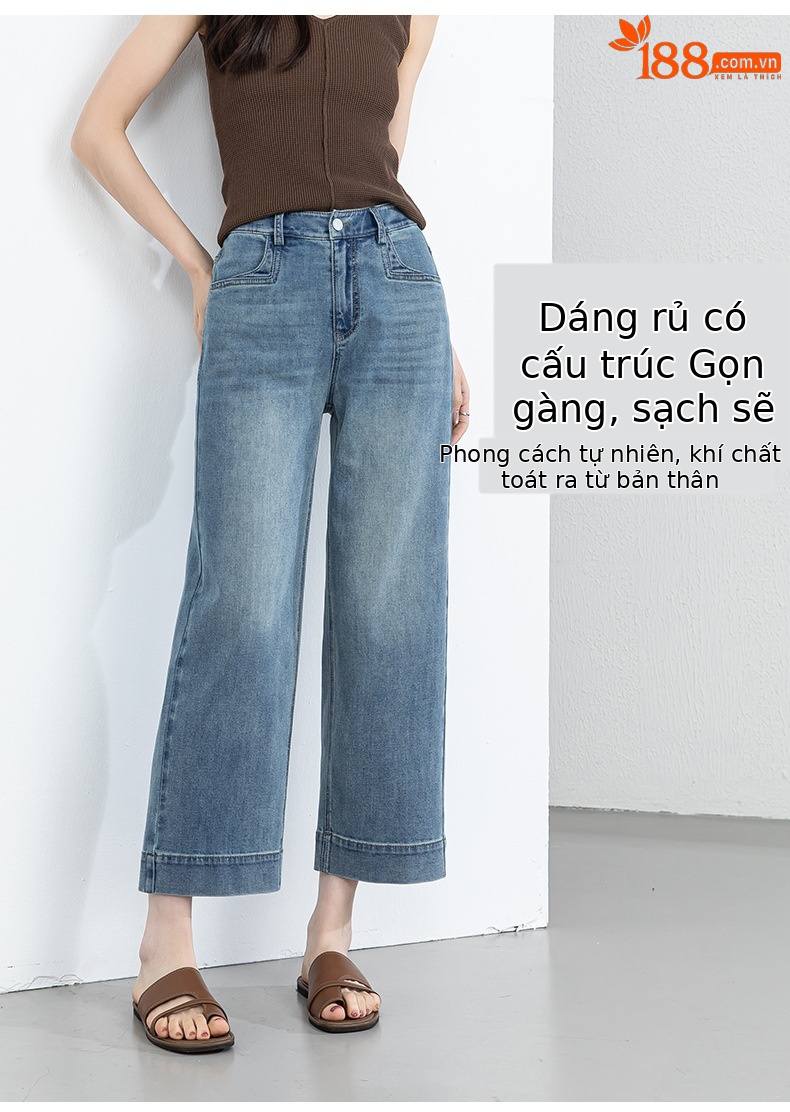 Quần jean nữ ống rộng cạp cao dáng suông mùa hè — Xanh da trờicolor chi tiết 11