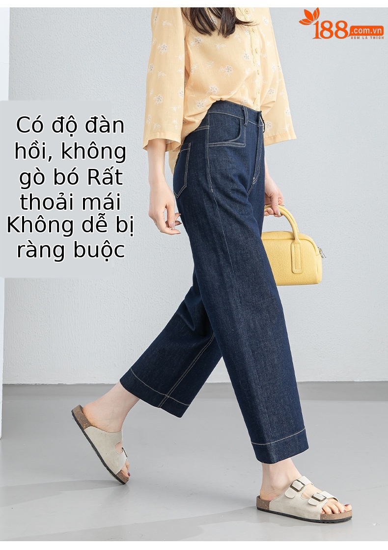 Quần jean nữ ống rộng cạp cao dáng suông mùa hè — Xanh da trờicolor chi tiết 12