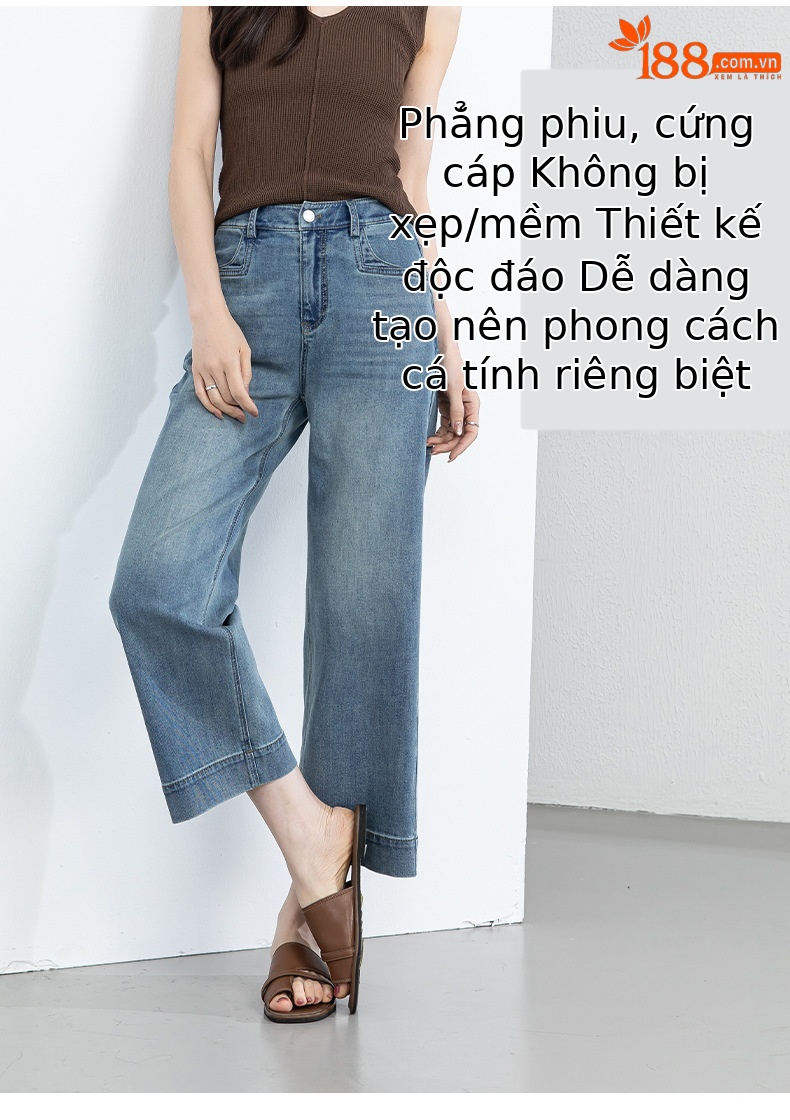 Quần jean nữ ống rộng cạp cao dáng suông mùa hè — Xanh da trờicolor chi tiết 13