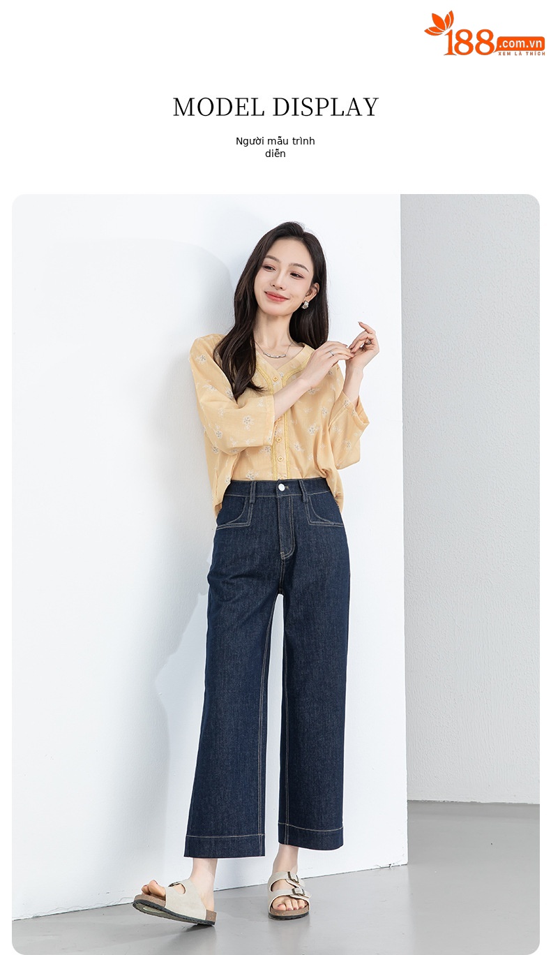 Quần jean nữ ống rộng cạp cao dáng suông mùa hè — Xanh da trờicolor chi tiết 19