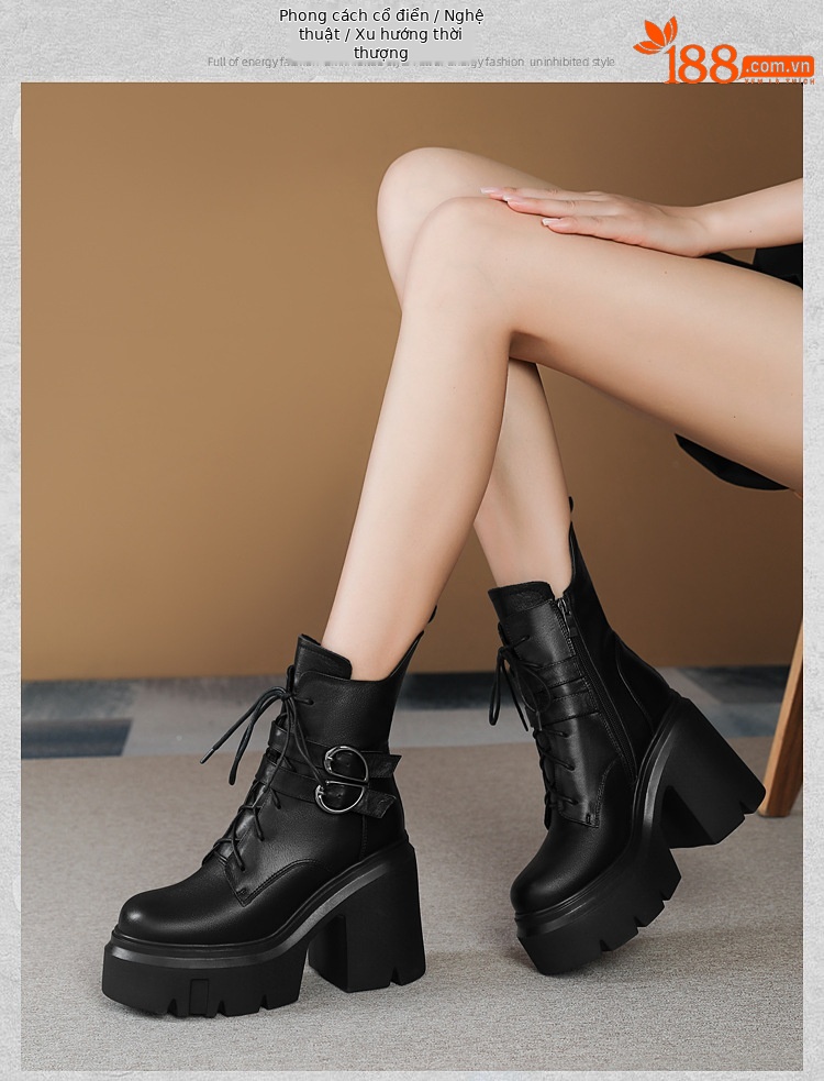 Boot nữ cổ thấp da thật phong cách Anh quốc, gót vuông 12 cm, khóa dây kéo — Lót nhung đen chi tiết 5