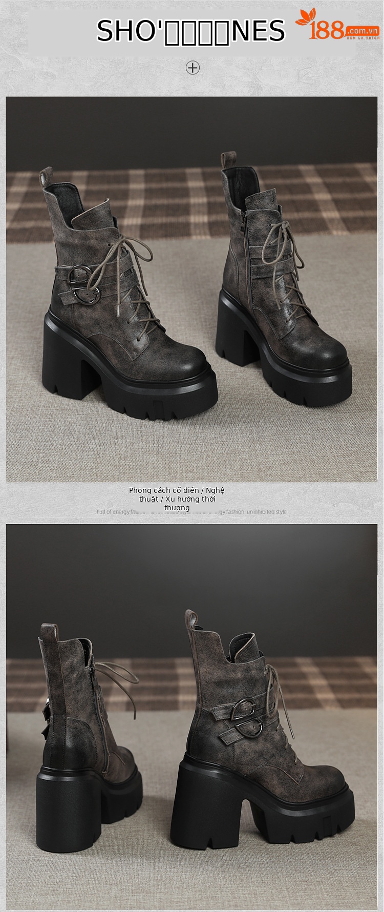 Boot nữ cổ thấp da thật phong cách Anh quốc, gót vuông 12 cm, khóa dây kéo — Lót nhung đen chi tiết 9