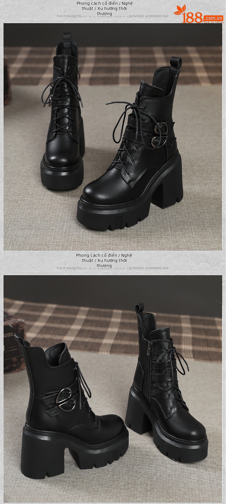 Boot nữ cổ thấp da thật phong cách Anh quốc, gót vuông 12 cm, khóa dây kéo — Lót nhung đen chi tiết 10