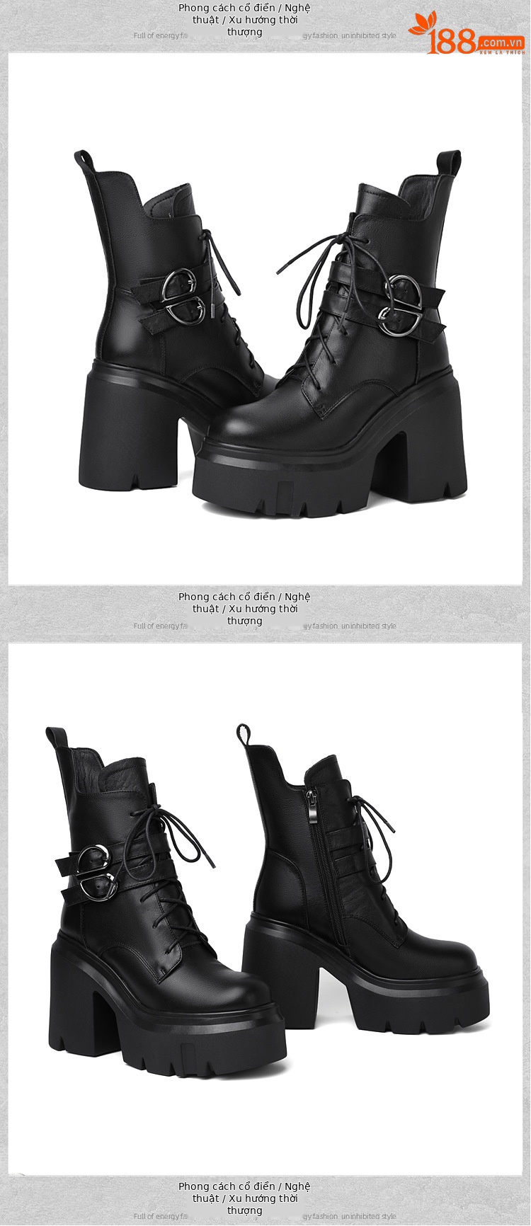 Boot nữ cổ thấp da thật phong cách Anh quốc, gót vuông 12 cm, khóa dây kéo — Lót nhung đen chi tiết 12