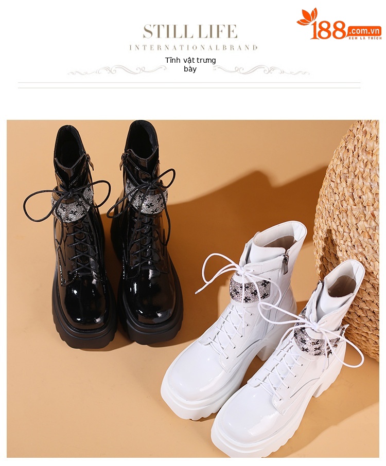 Boot nữ cổ ngắn phong cách Anh quốc, gót vuông 10cm, đế platform, khóa kéo bên hông — Lót nhung đen chi tiết 9