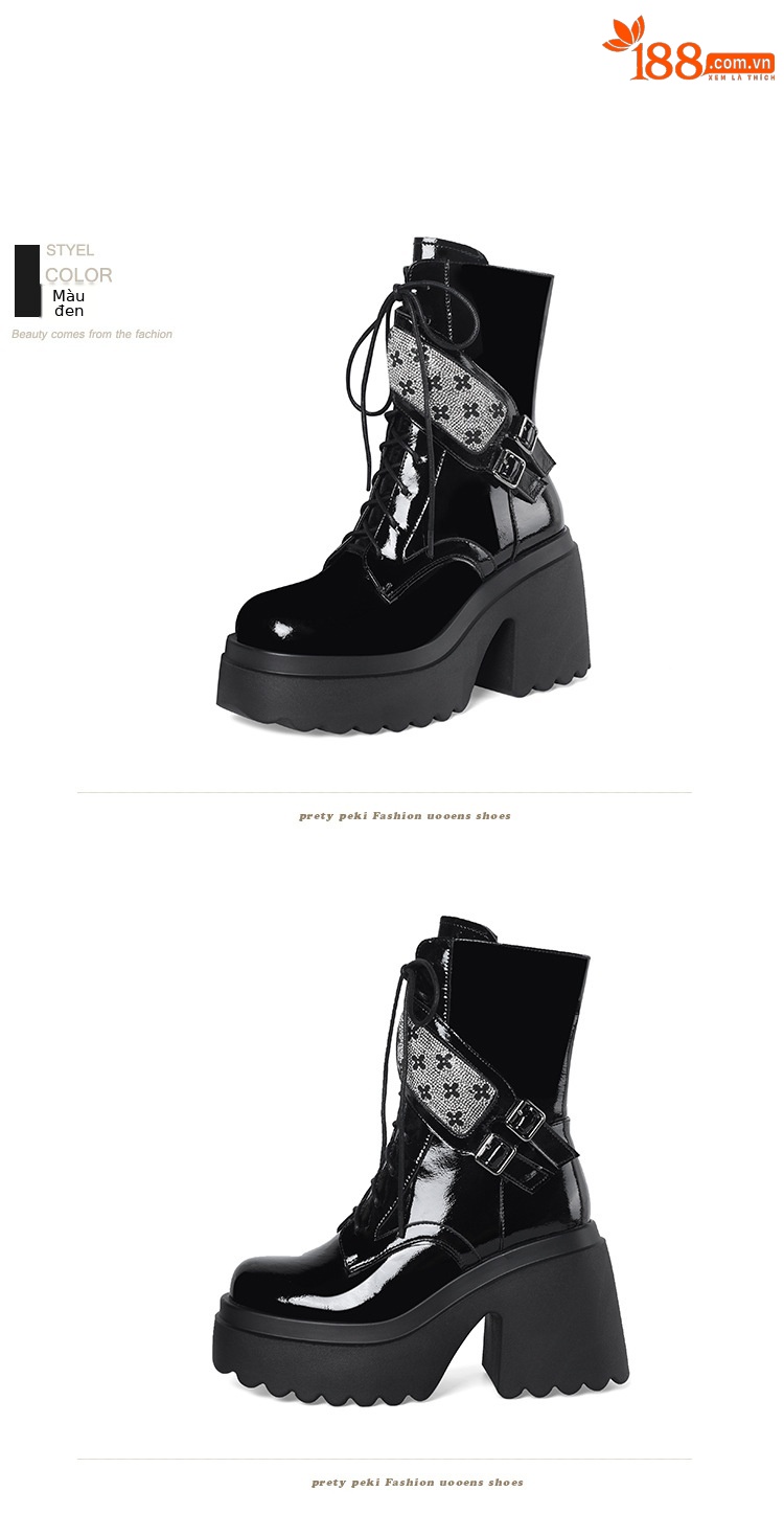 Boot nữ cổ ngắn phong cách Anh quốc, gót vuông 10cm, đế platform, khóa kéo bên hông — Lót nhung đen chi tiết 14