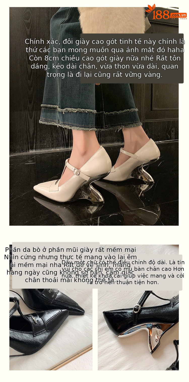 Giày cao gót nữ mũi nhọn T-quai Mary Jane phong cách Pháp, da thật, gót cao — màu đen, màu trắng chi tiết 2