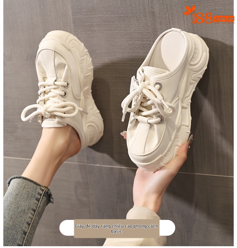 Giày sneaker nữ đế dày tăng chiều cao mũi trùm đầu dáng lười một chân — màu be chi tiết 1