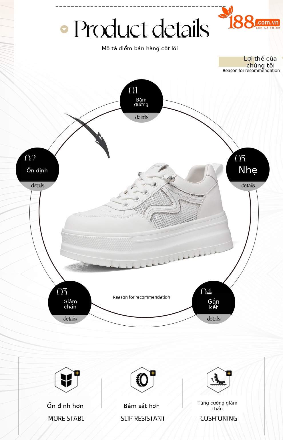 Giày sneaker nữ đế dày bánh xốp trắng phong cách mới xuân hè, đế mềm thoáng khí — 6077 Trắng, 6077 Bạch quả chi tiết 2