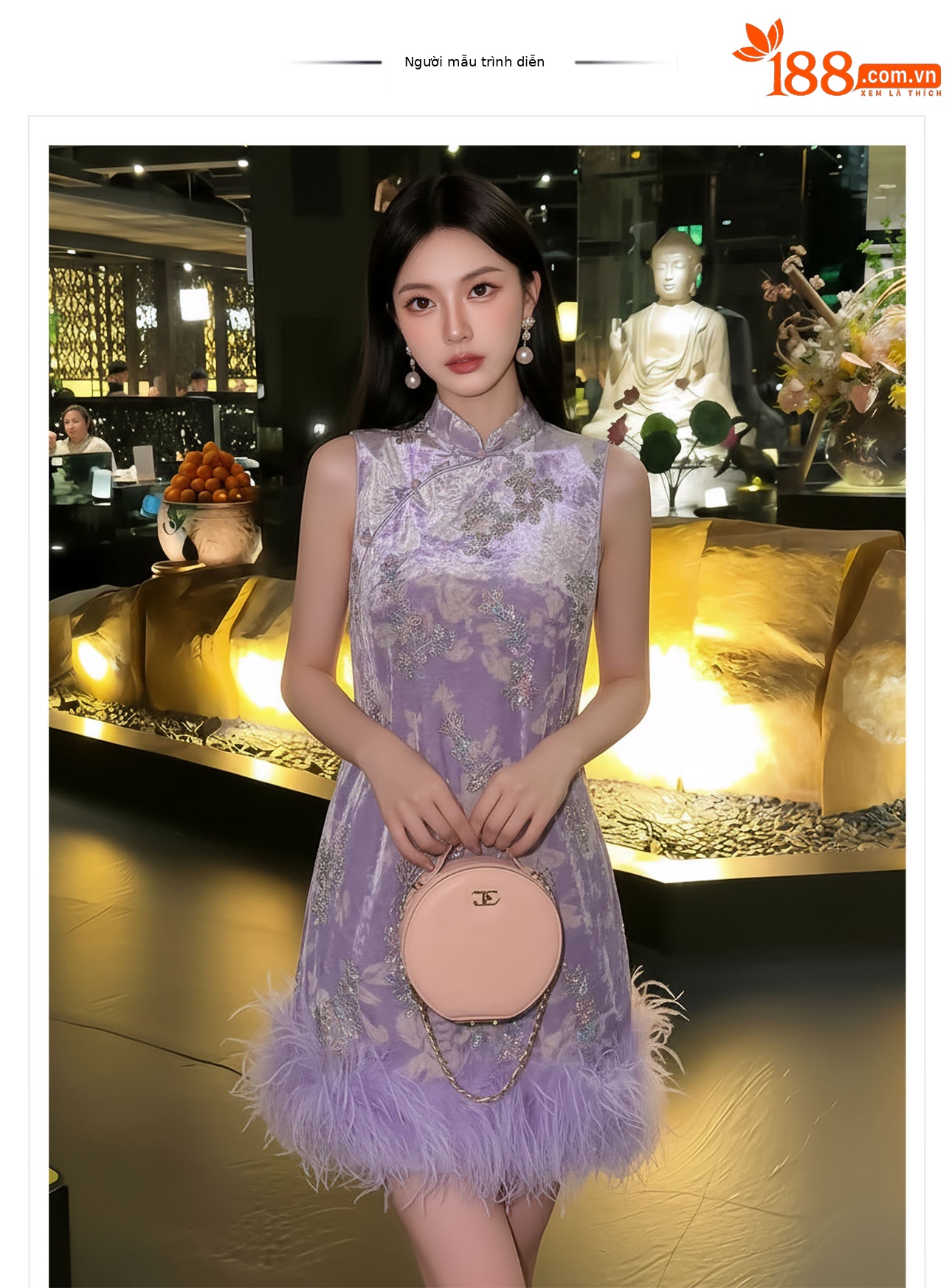 Đầm maxi nữ thắt eo phong cách cổ điển sang trọng kết hợp lông đà điểu và đính sequin thêu — màu tím chi tiết 1