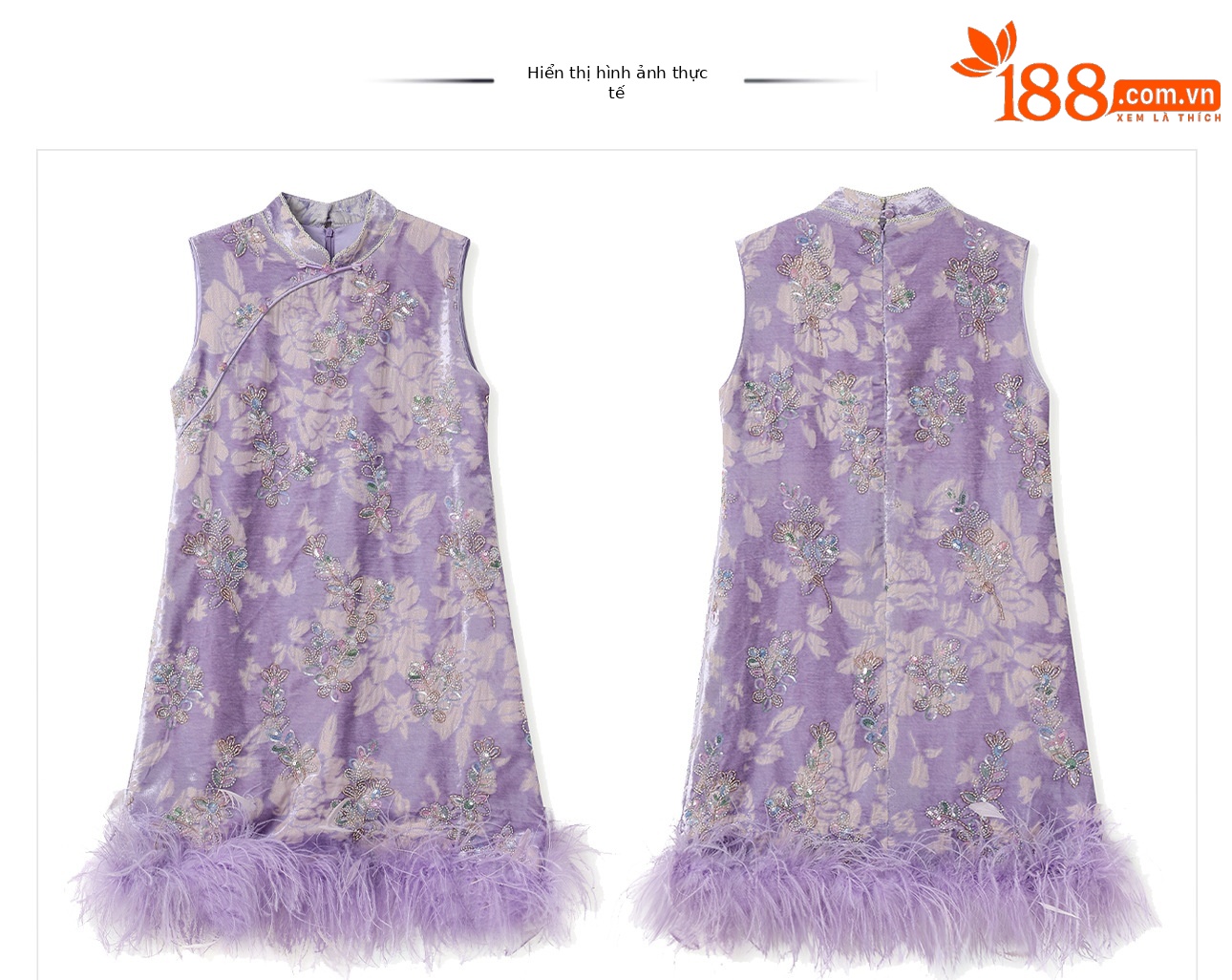 Đầm maxi nữ thắt eo phong cách cổ điển sang trọng kết hợp lông đà điểu và đính sequin thêu — màu tím chi tiết 15