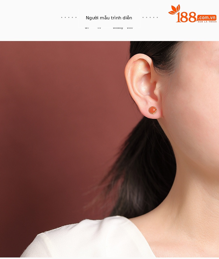 Khuyên tai bạc S925 mạ vàng đính đá mã não hồng phong cách xoắn hình học — Tiền thủy hồng chi tiết 4