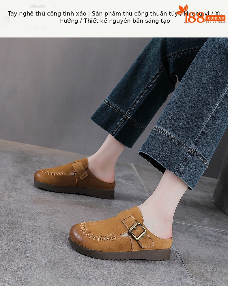 Dép sandal nữ bít mũi đế bệt da thật mềm mại form tròn — màu kaki chi tiết 1