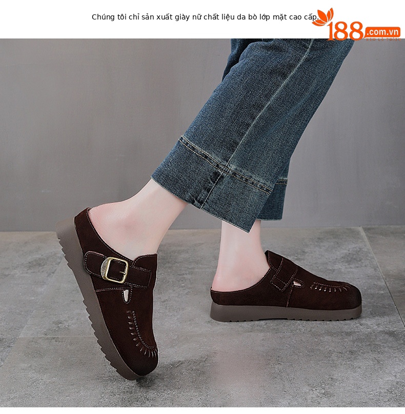 Dép sandal nữ bít mũi đế bệt da thật mềm mại form tròn — màu kaki chi tiết 2