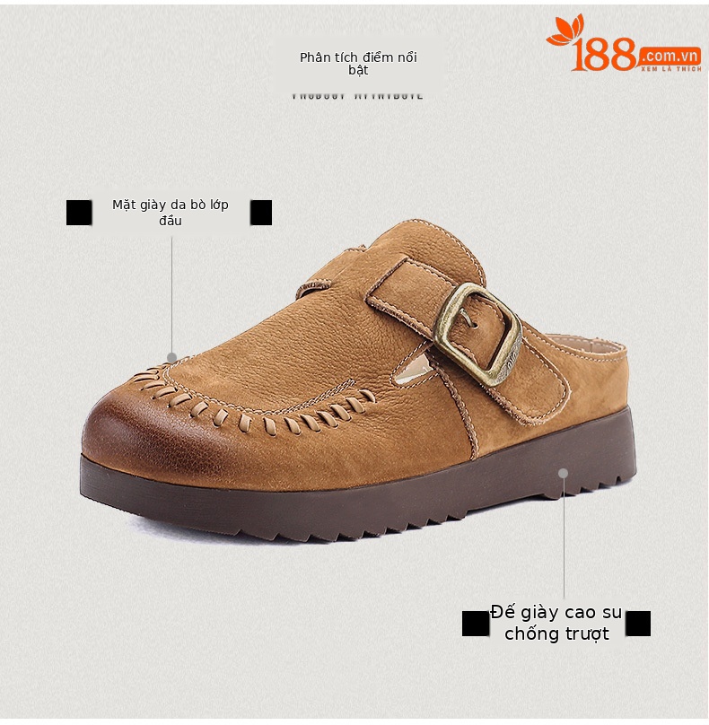 Dép sandal nữ bít mũi đế bệt da thật mềm mại form tròn — màu kaki chi tiết 3