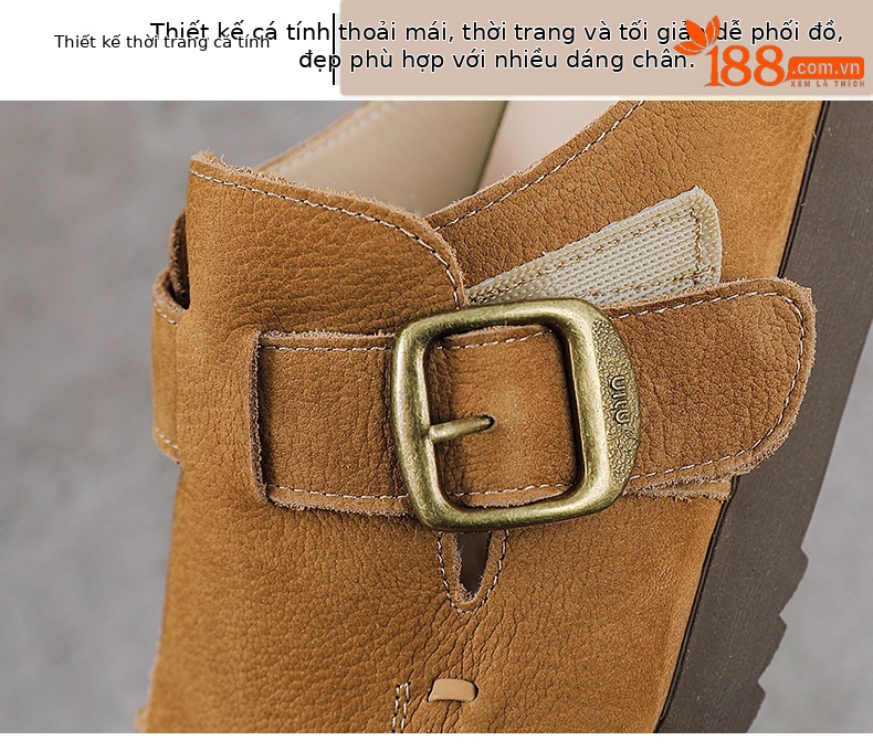 Dép sandal nữ bít mũi đế bệt da thật mềm mại form tròn — màu kaki chi tiết 5