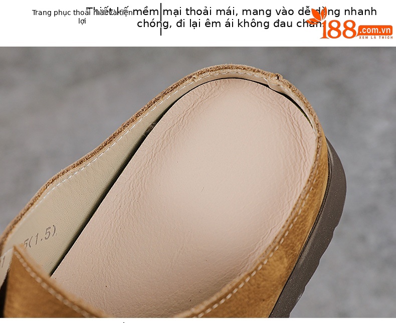Dép sandal nữ bít mũi đế bệt da thật mềm mại form tròn — màu kaki chi tiết 6