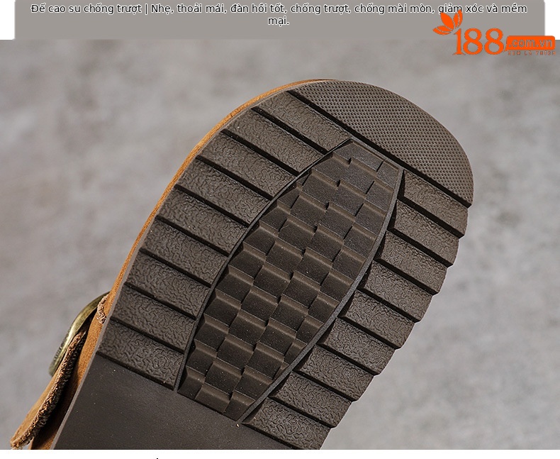 Dép sandal nữ bít mũi đế bệt da thật mềm mại form tròn — màu kaki chi tiết 7
