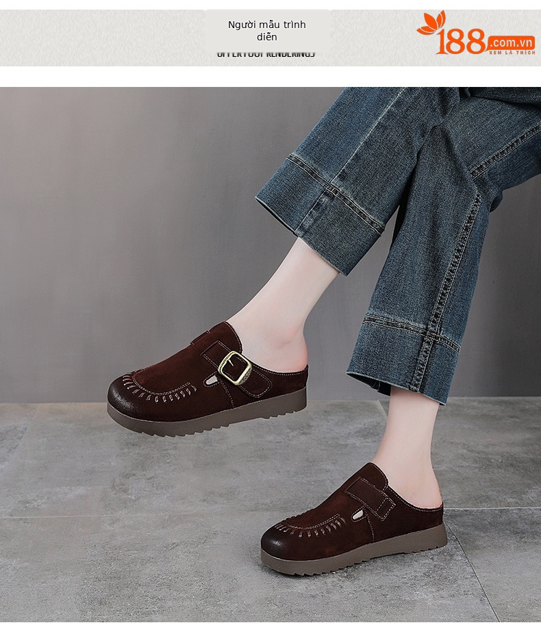 Dép sandal nữ bít mũi đế bệt da thật mềm mại form tròn — màu kaki chi tiết 9