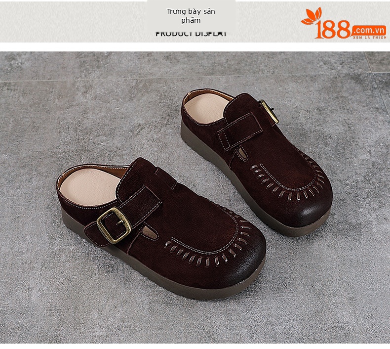 Dép sandal nữ bít mũi đế bệt da thật mềm mại form tròn — màu kaki chi tiết 10