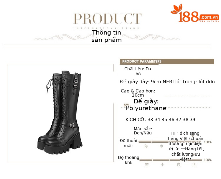 Boot nữ cổ cao phong cách cổ điển, gót 10 cm, khóa dây buộc — Lót nhung đen chi tiết 2