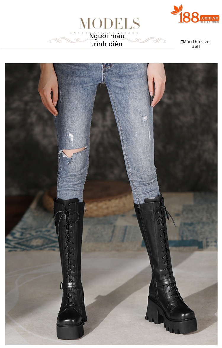 Boot nữ cổ cao phong cách cổ điển, gót 10 cm, khóa dây buộc — Lót nhung đen chi tiết 3