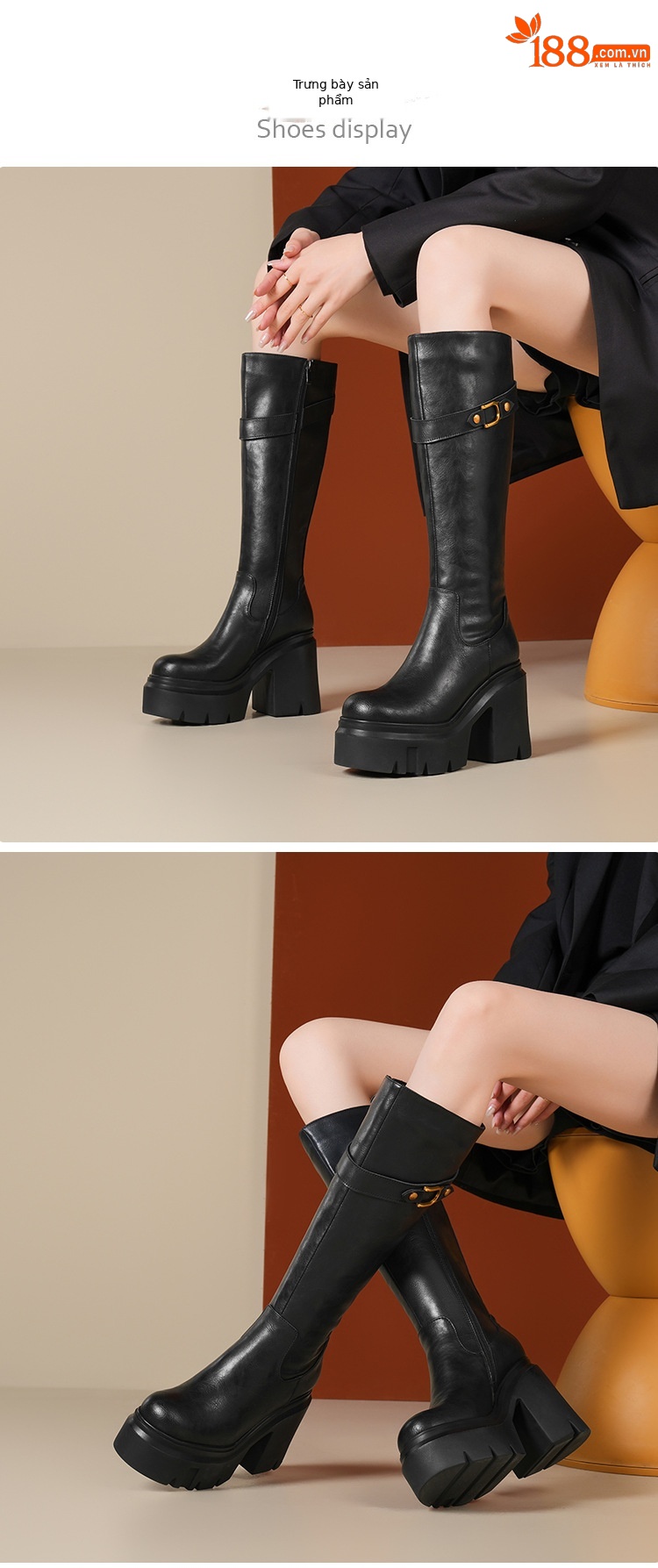 Boot nữ cổ cao ôm bắp chân khóa kéo đế dày gót cao — Lót nhung đen chi tiết 1