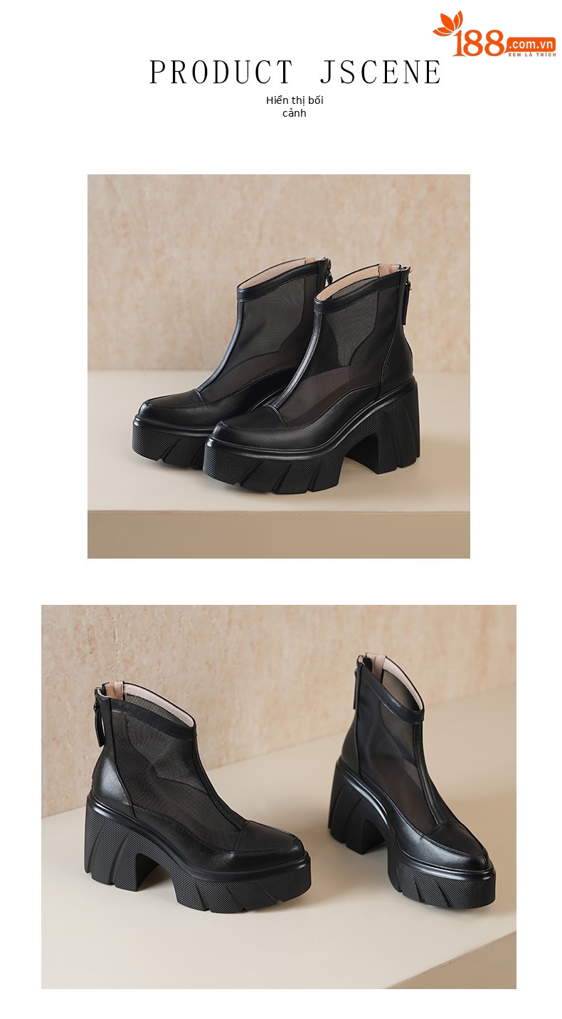 Boot cổ thấp nữ da bò gót vuông 10 cm, đế dày, lưới thoáng khí — màu be, màu đen chi tiết 4