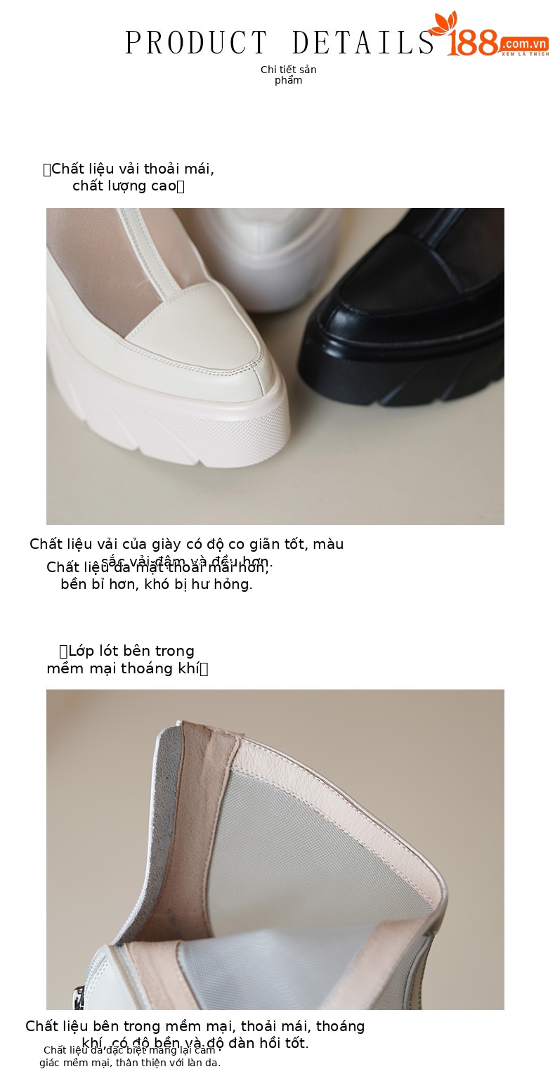 Boot cổ thấp nữ da bò gót vuông 10 cm, đế dày, lưới thoáng khí — màu be, màu đen chi tiết 6