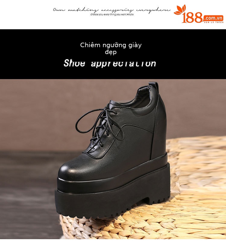Giày sneaker nữ đế xuồng platform cao gót 16 cm dây buộc — màu đen chi tiết 7