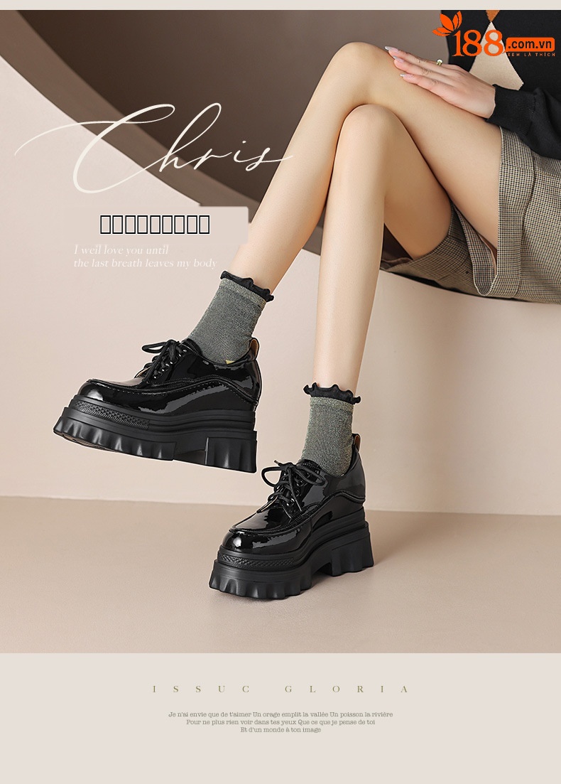 Giày loafer nữ đế xuồng cao gót 10cm, mũi tròn dây buộc, phong cách trẻ trung — màu be chi tiết 2