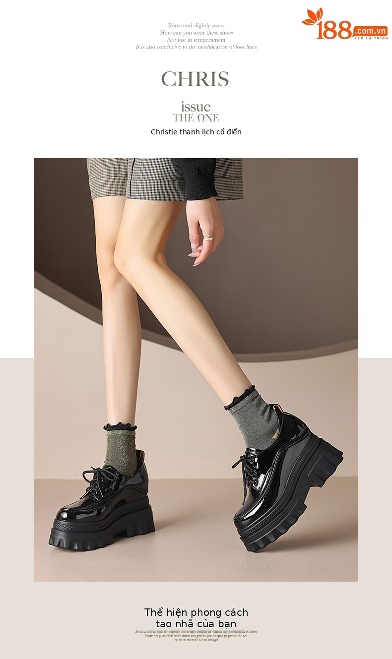 Giày loafer nữ đế xuồng cao gót 10cm, mũi tròn dây buộc, phong cách trẻ trung — màu be chi tiết 6