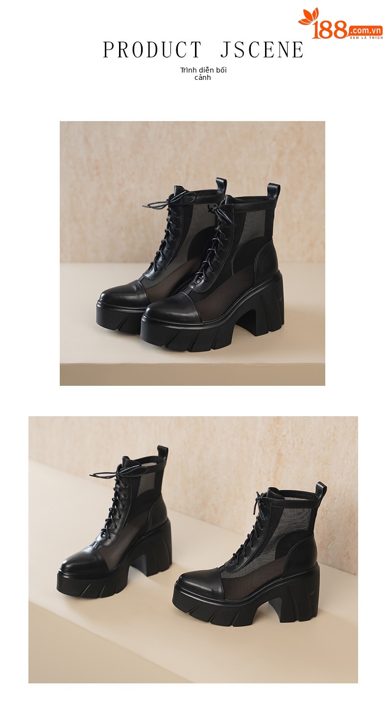 Boot cổ thấp nữ da thật lưới xuyên thấu gót cao đế platform dây buộc — màu be, màu đen chi tiết 4