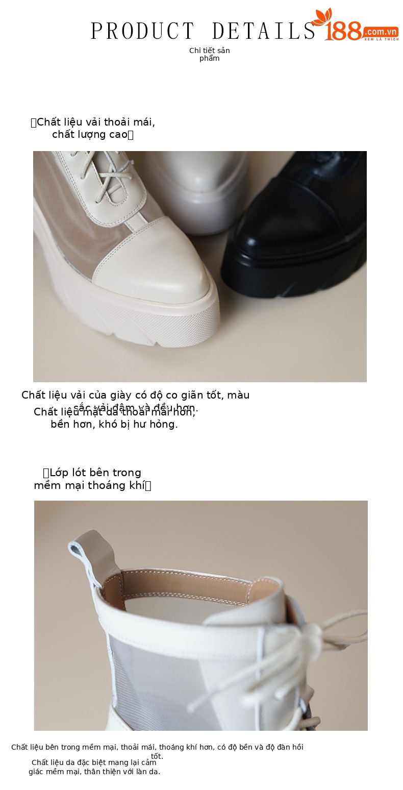 Boot cổ thấp nữ da thật lưới xuyên thấu gót cao đế platform dây buộc — màu be, màu đen chi tiết 6