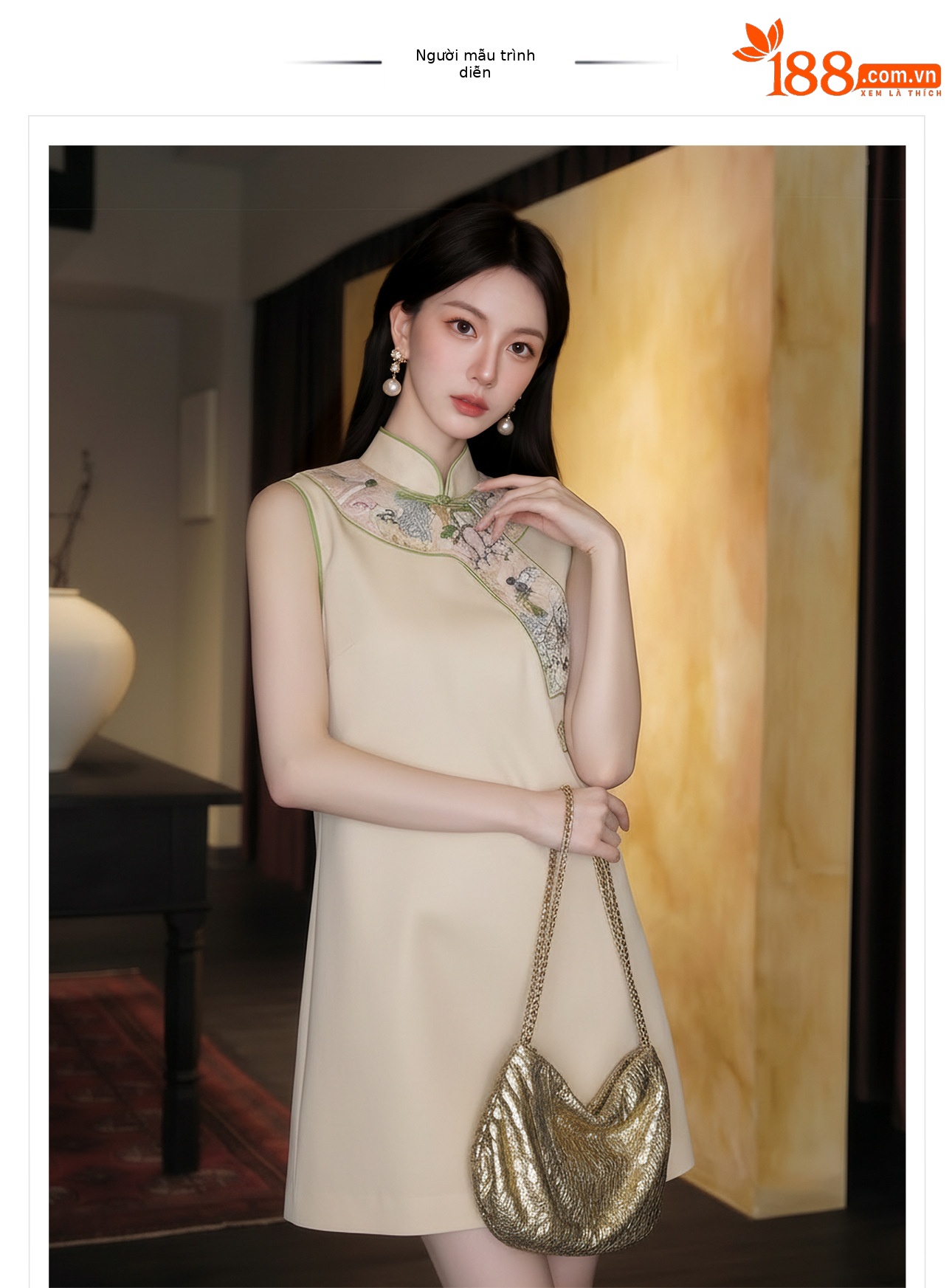 Đầm suông nữ midi phong cách quốc phong, tay không, thêu họa tiết — màu mơ chi tiết 1