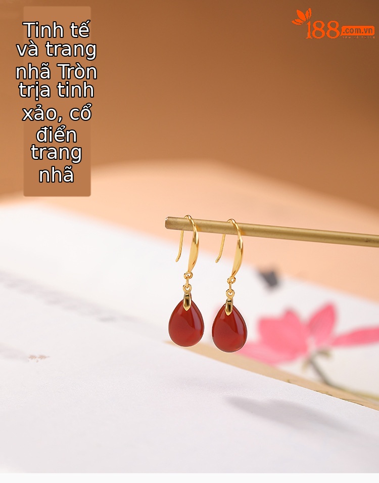 Bông tai nữ bạc S925 mạ vàng đính đá mã não đỏ hình giọt nước cổ điển — một đôi chi tiết 1