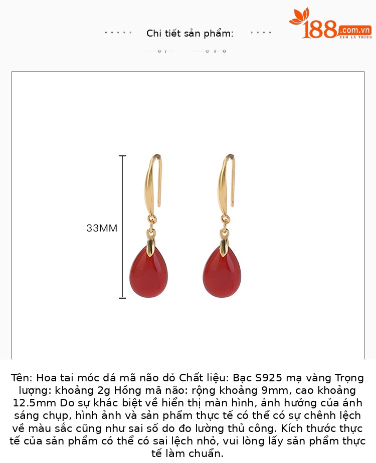 Bông tai nữ bạc S925 mạ vàng đính đá mã não đỏ hình giọt nước cổ điển — một đôi chi tiết 2