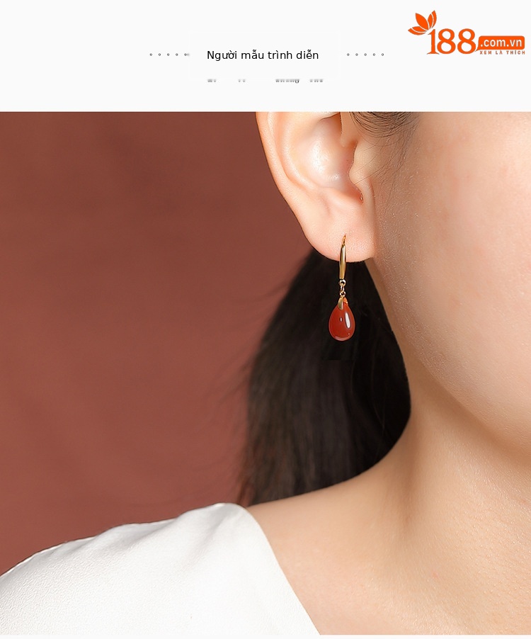 Bông tai nữ bạc S925 mạ vàng đính đá mã não đỏ hình giọt nước cổ điển — một đôi chi tiết 4