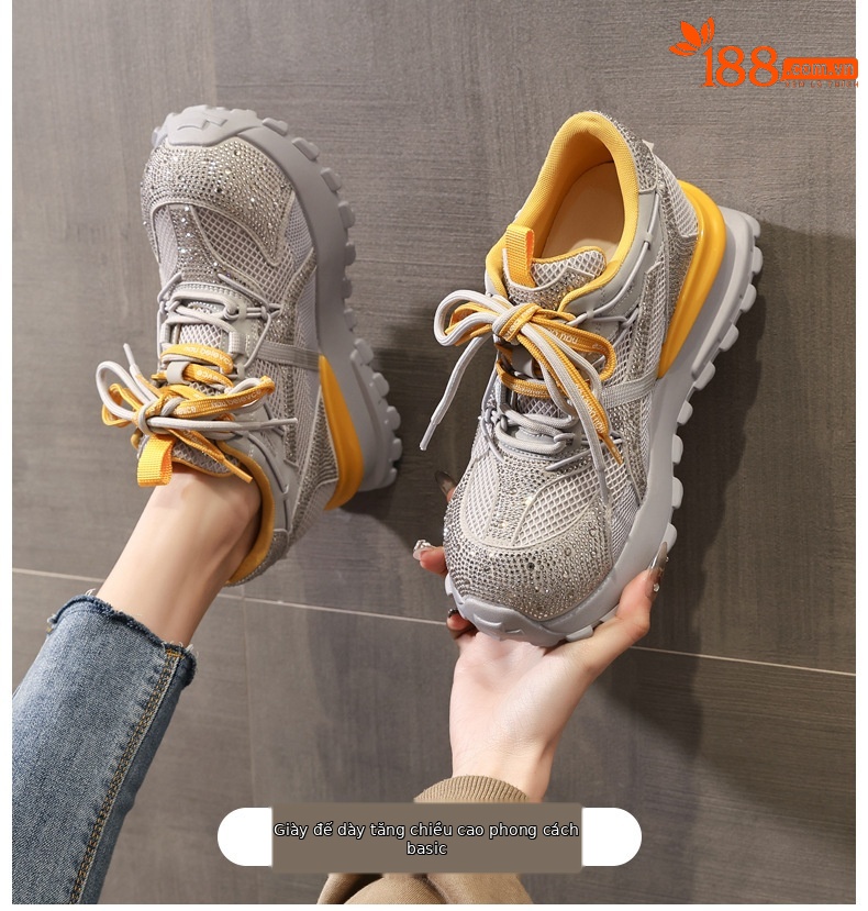Giày sneaker nữ chunky đế dày lưới phối đá rhinestone — màu trắng chi tiết 1