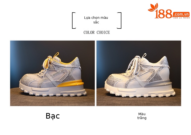 Giày sneaker nữ chunky đế dày lưới phối đá rhinestone — màu trắng chi tiết 2